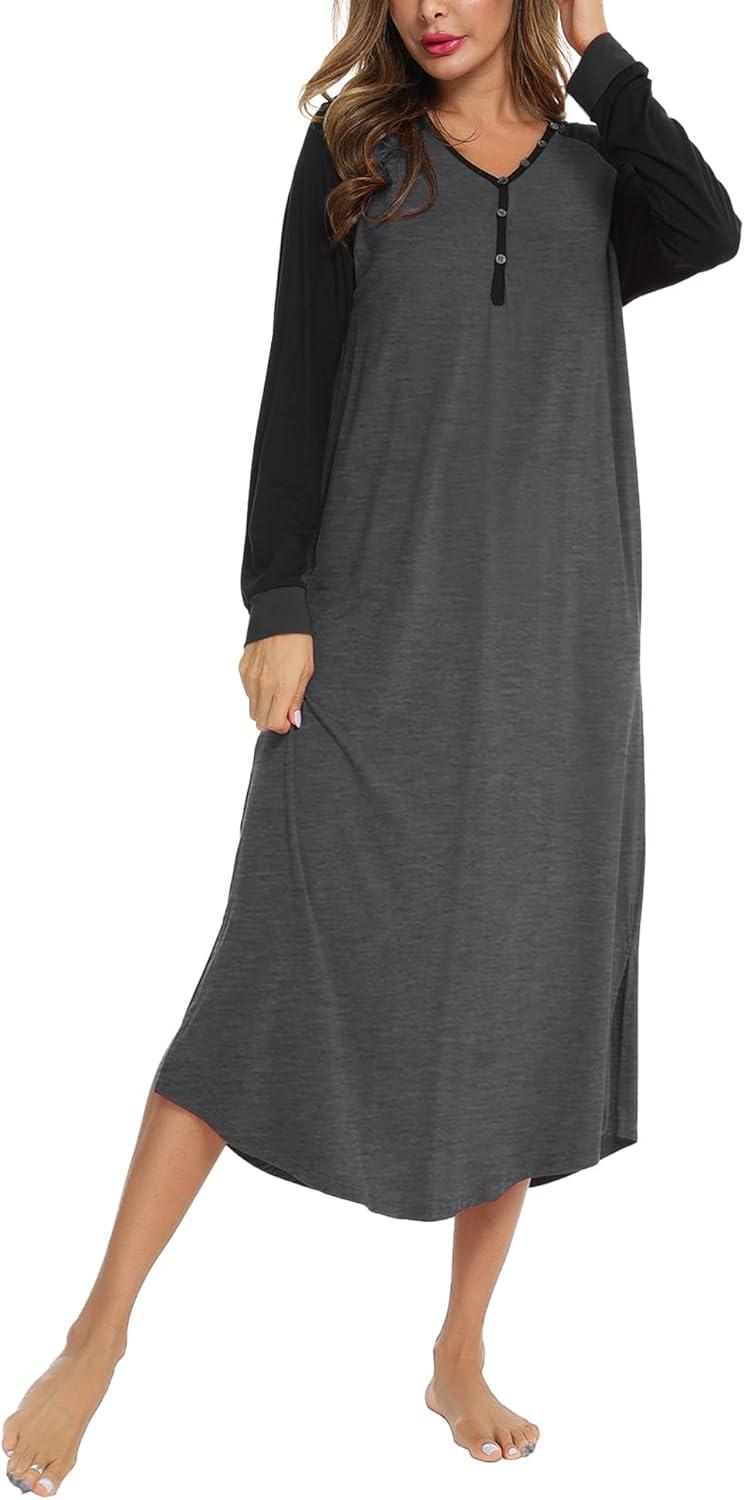 imageSWOMOG Womens Long Nightgowns Long Sleeve Nightshirt Soft Sleepwear Henley Nightdress Casual Calf Length Housecoat SXXLDeep Grey