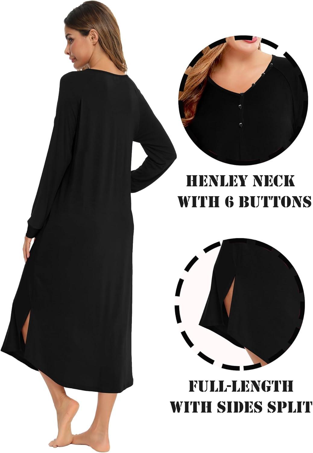 imageSWOMOG Womens Long Nightgowns Long Sleeve Nightshirt Soft Sleepwear Henley Nightdress Casual Calf Length Housecoat SXXLPure Black