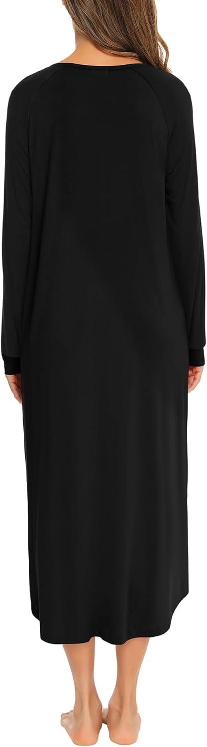 imageSWOMOG Womens Long Nightgowns Long Sleeve Nightshirt Soft Sleepwear Henley Nightdress Casual Calf Length Housecoat SXXLPure Black