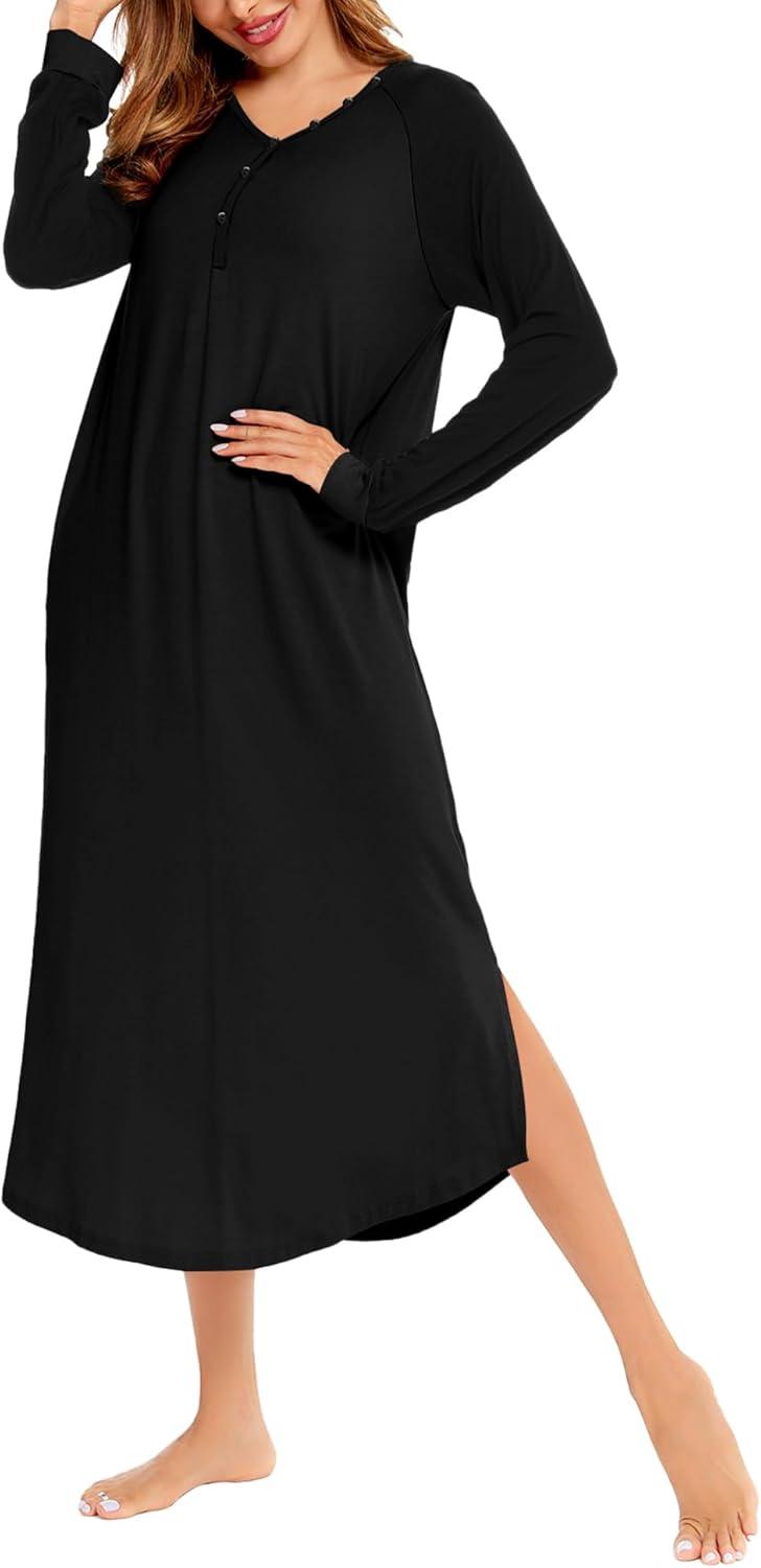 imageSWOMOG Womens Long Nightgowns Long Sleeve Nightshirt Soft Sleepwear Henley Nightdress Casual Calf Length Housecoat SXXLPure Black