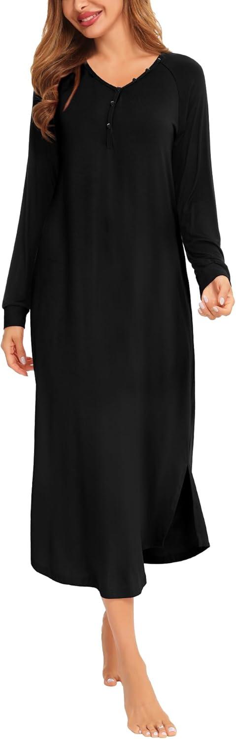 imageSWOMOG Womens Long Nightgowns Long Sleeve Nightshirt Soft Sleepwear Henley Nightdress Casual Calf Length Housecoat SXXLPure Black
