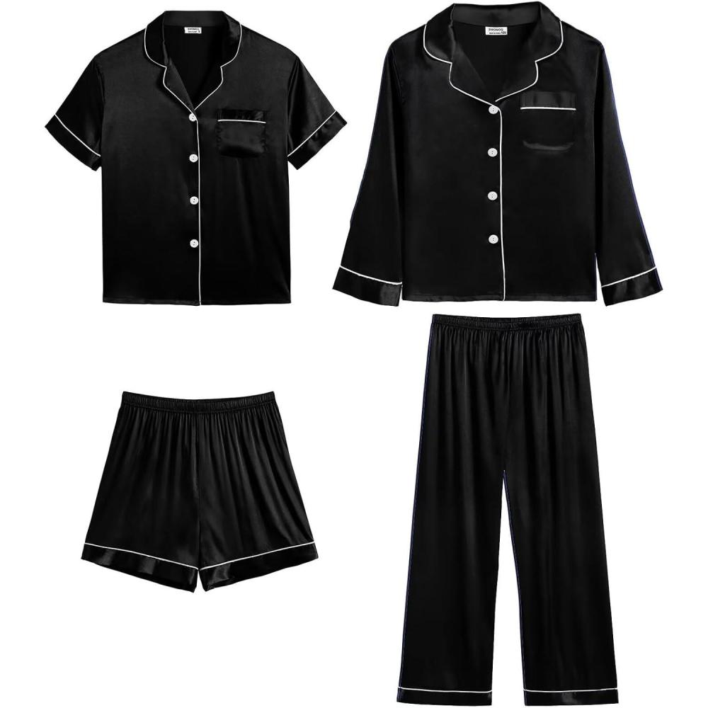 imageSWOMOG 4 pcs Kids Girls Satin Pajamas Set Silk ButtonDown PJs Sets Soft Lounge Sets Long Sleeve Sleepwear4 Pcsblack