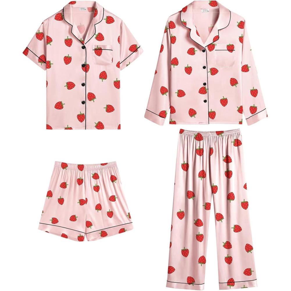 imageSWOMOG 4 pcs Kids Girls Satin Pajamas Set Silk ButtonDown PJs Sets Soft Lounge Sets Long Sleeve Sleepwear4 Pcssakura Pink Strawberry