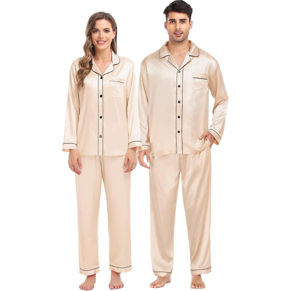 imageSWOMOG Family Matching Pajama Satin Pajamas Long Sleeve Sleepwear Button Down Loungewear 2 Pcs Pj SetChampagne