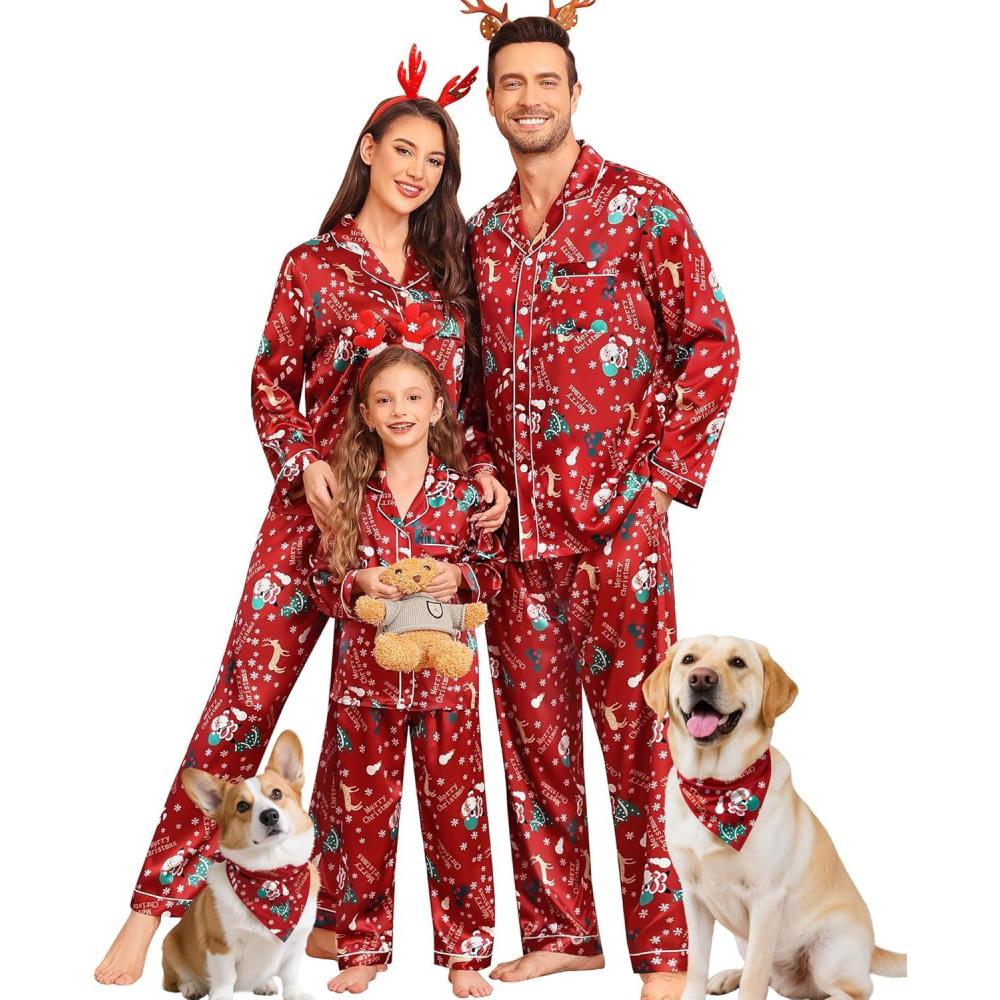 imageSWOMOG Family Matching Pajama Satin Pajamas Long Sleeve Sleepwear Button Down Loungewear 2 Pcs Pj SetChristmas Pattern Red