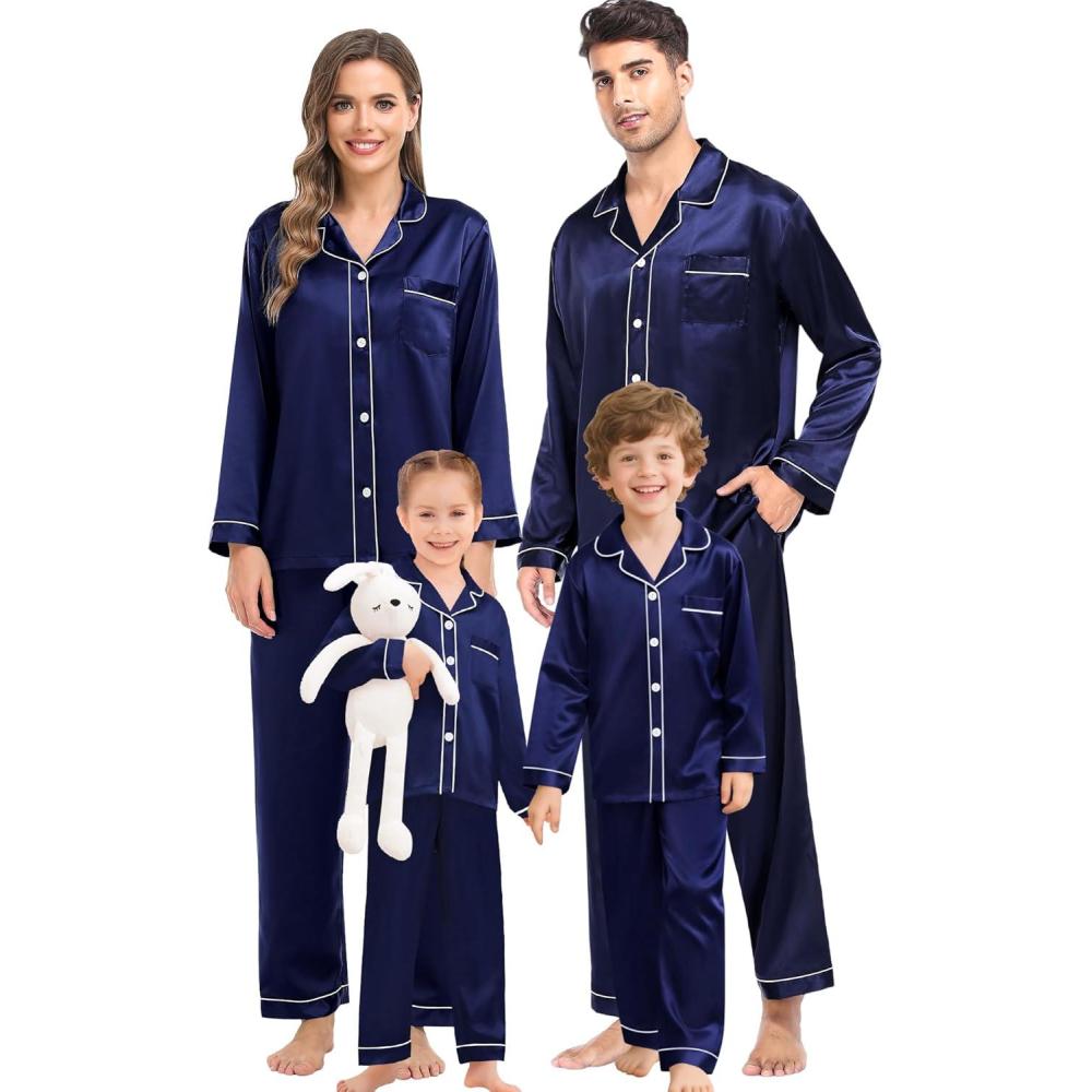 imageSWOMOG Family Matching Pajama Satin Pajamas Long Sleeve Sleepwear Button Down Loungewear 2 Pcs Pj SetDeep Navy Blue