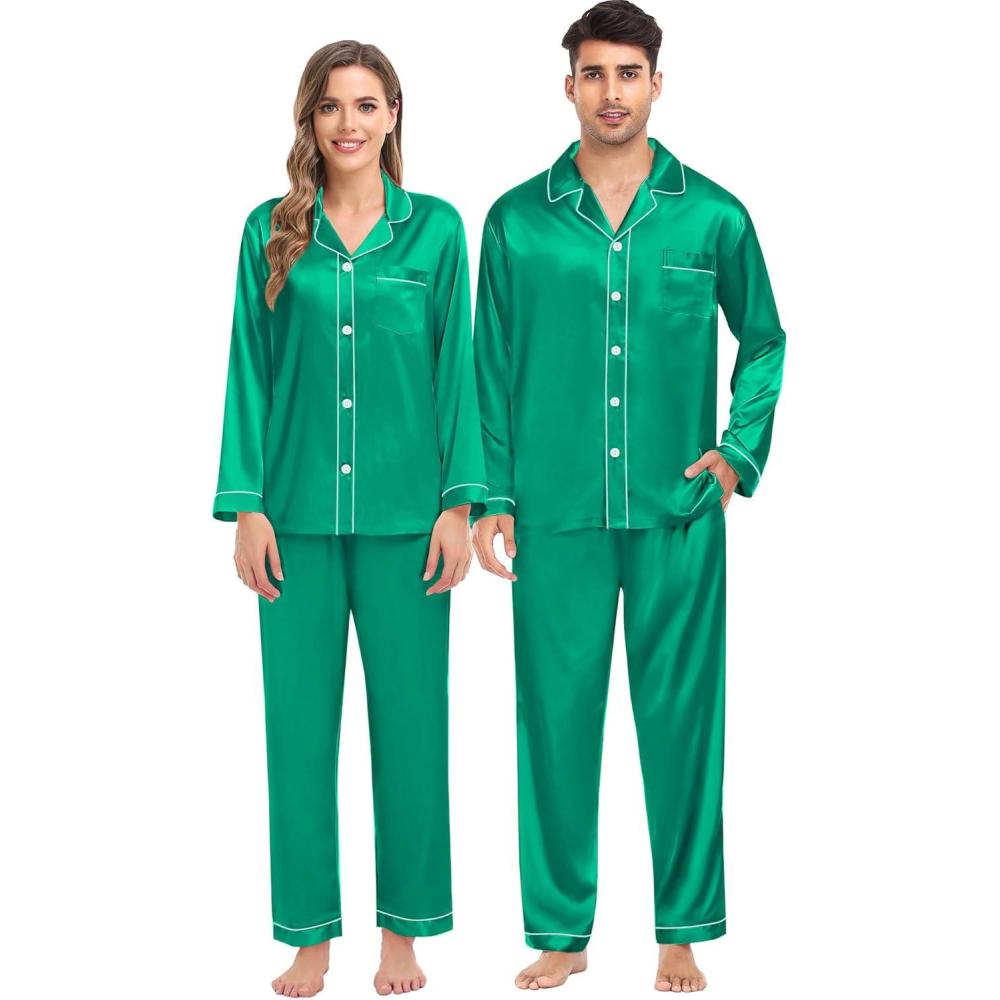 imageSWOMOG Family Matching Pajama Satin Pajamas Long Sleeve Sleepwear Button Down Loungewear 2 Pcs Pj SetEmerald Green