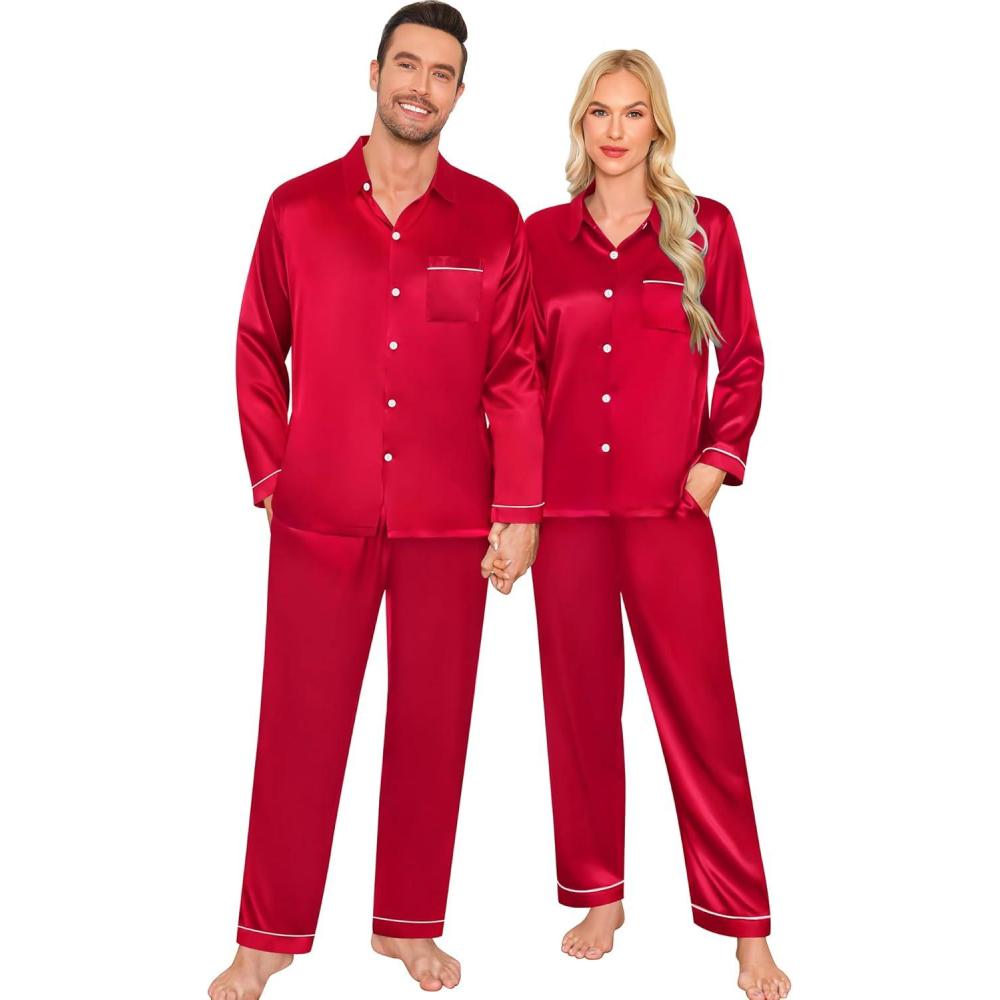 imageSWOMOG Family Matching Pajama Satin Pajamas Long Sleeve Sleepwear Button Down Loungewear 2 Pcs Pj SetZ Red With Classic Collar