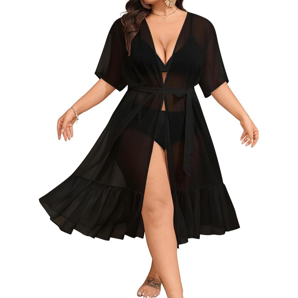 imageSWOMOG Women Plus Size Cover Up Swimsuit Chiffon Short Sleeve Sexy Open Front Bathing Suit Beach Bikini Summer BeachwearBlack