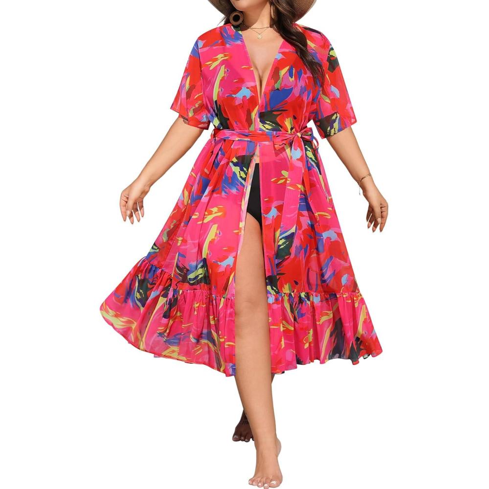 imageSWOMOG Women Plus Size Cover Up Swimsuit Chiffon Short Sleeve Sexy Open Front Bathing Suit Beach Bikini Summer BeachwearPink Abstract Graffiti
