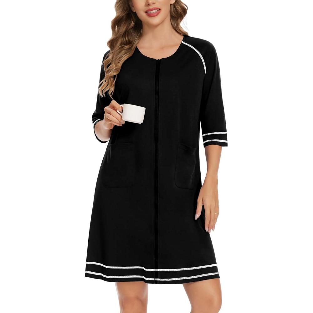 imageSWOMOG Women Zip Up Robe 34 Sleeve Housecoat Soft Cotton Zipper Front Nightgown Loungewear with PocketsZblack