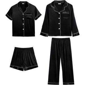 SWOMOG 4 pcs Kids Girls Satin Pajamas Set Silk Button-Down PJs Sets Soft Lounge Sets Long Sleeve Sleepwear(4 Pcs-black)