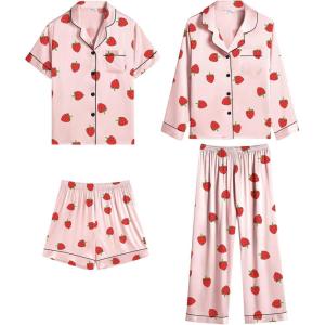 SWOMOG 4 pcs Kids Girls Satin Pajamas Set Silk Button-Down PJs Sets Soft Lounge Sets Long Sleeve Sleepwear(4 Pcs-sakura Pink Strawberry)