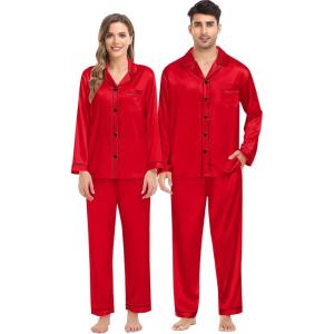 SWOMOG Family Matching Pajama Satin Pajamas Long Sleeve Sleepwear Button Down Loungewear 2 Pcs Pj Set(Candy Red)