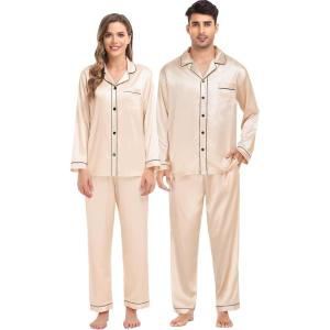 SWOMOG Family Matching Pajama Satin Pajamas Long Sleeve Sleepwear Button Down Loungewear 2 Pcs Pj Set(Champagne)