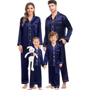 SWOMOG Family Matching Pajama Satin Pajamas Long Sleeve Sleepwear Button Down Loungewear 2 Pcs Pj Set(Deep Navy Blue)