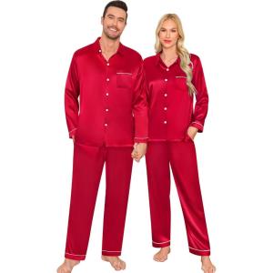 SWOMOG Family Matching Pajama Satin Pajamas Long Sleeve Sleepwear Button Down Loungewear 2 Pcs Pj Set(Z- Red With Classic Collar)