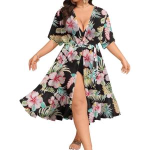 SWOMOG Women Plus Size Cover Up Swimsuit Chiffon Short Sleeve Sexy Open Front Bathing Suit Beach Bikini Summer Beachwear(Black Green Flower)