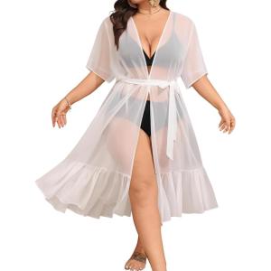 SWOMOG Women Plus Size Cover Up Swimsuit Chiffon Short Sleeve Sexy Open Front Bathing Suit Beach Bikini Summer Beachwear(White)