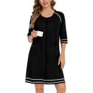 SWOMOG Women Zip Up Robe 3/4 Sleeve Housecoat Soft Cotton Zipper Front Nightgown Loungewear with Pockets(Z-black)