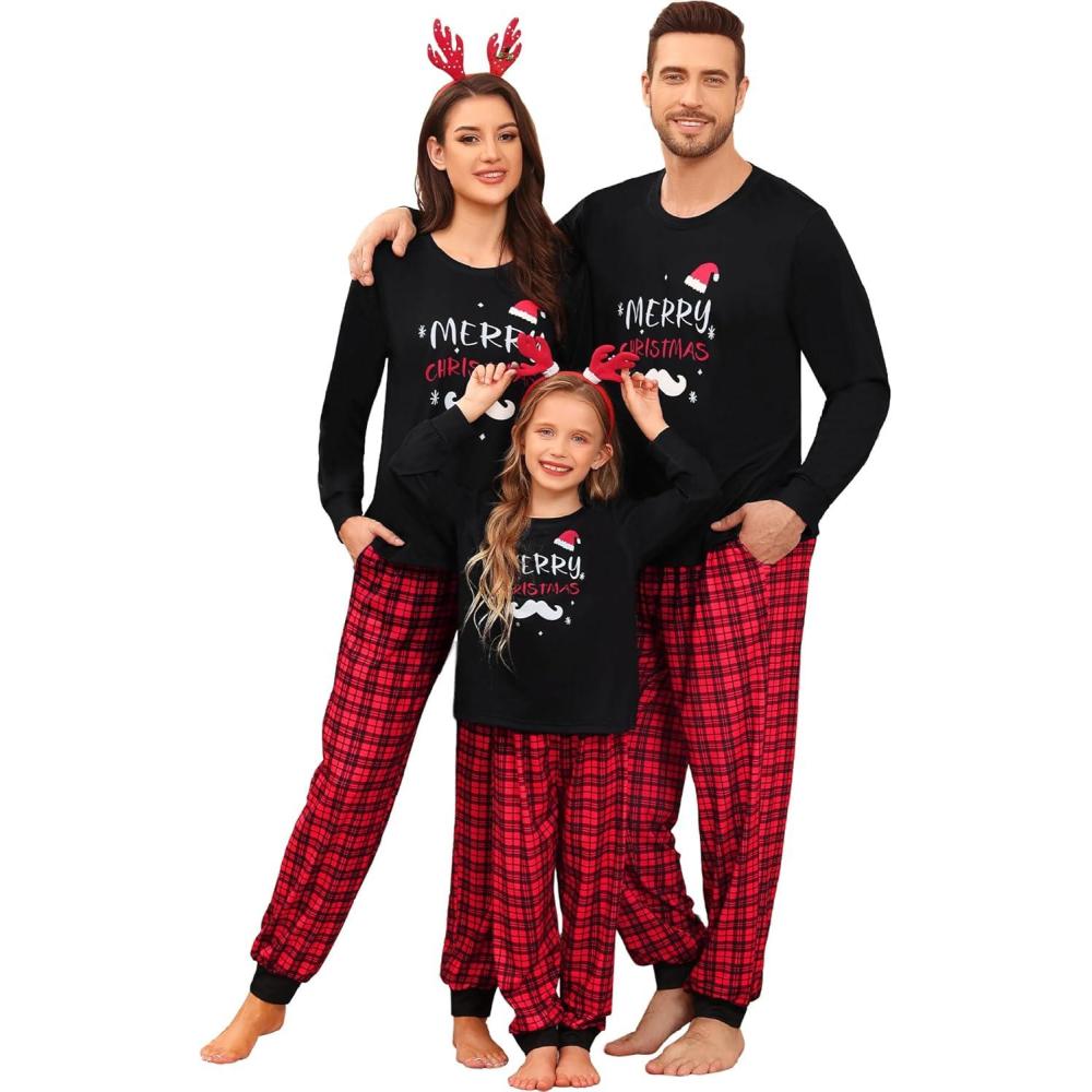 imageSWOMOG Christmas Pajamas for Family Matching Sets Xmas Jammies Sleepwear Soft Long Sleeve PJs for Womens Mens KidsMerry Christmas Print