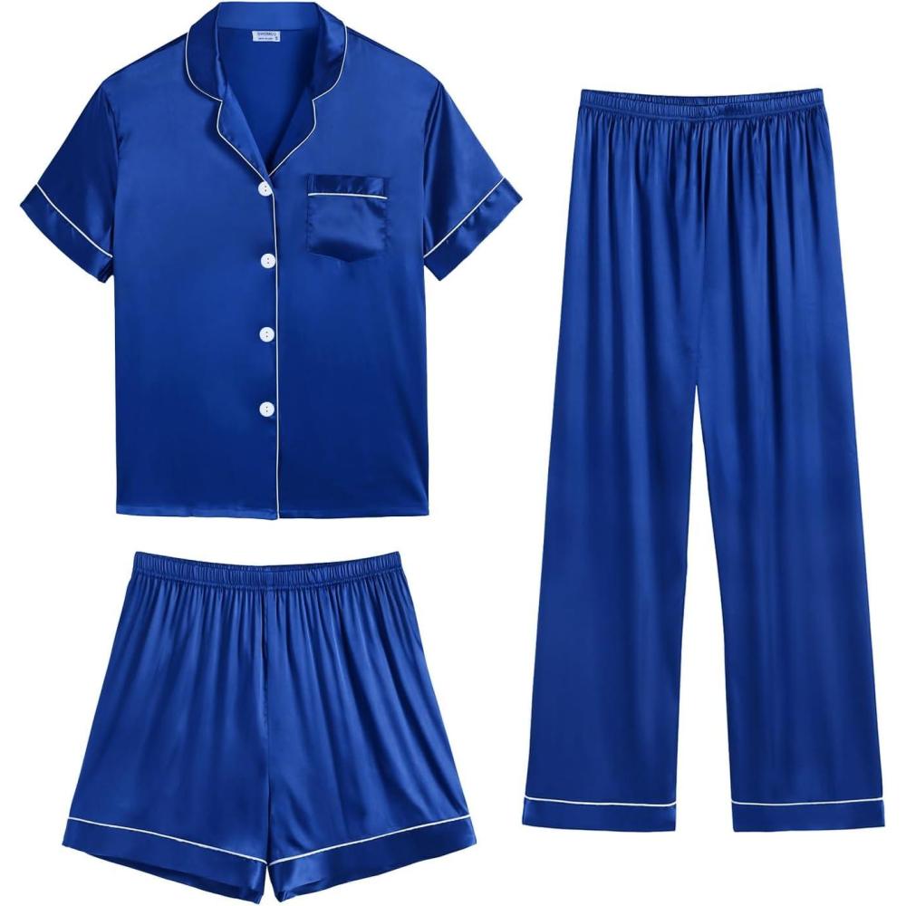 imageSWOMOG Womens Silk Satin Pajama Sets 3Pcs Button Down Pj Set Short Sleeve Sleepwear Loungewear Pjs Nightwear XSXXLBlue