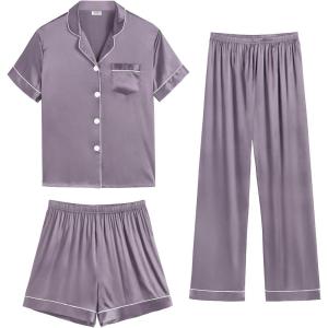 SWOMOG Womens Silk Satin Pajama Sets 3Pcs Button Down Pj Set Short Sleeve Sleepwear Loungewear Pjs Nightwear XS-XXL(Chestnut)