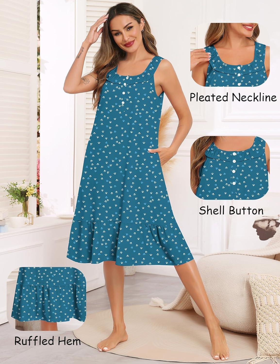 imageSWOMOG Nightgowns for Women Soft Sleeveless Nightdress with Pockets Ruffle Ladies SleepshirtsStylef Floral Blue