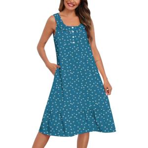 SWOMOG Nightgowns for Women Soft Sleeveless Nightdress with Pockets Ruffle Ladies Sleepshirts(Style-f Floral Blue)