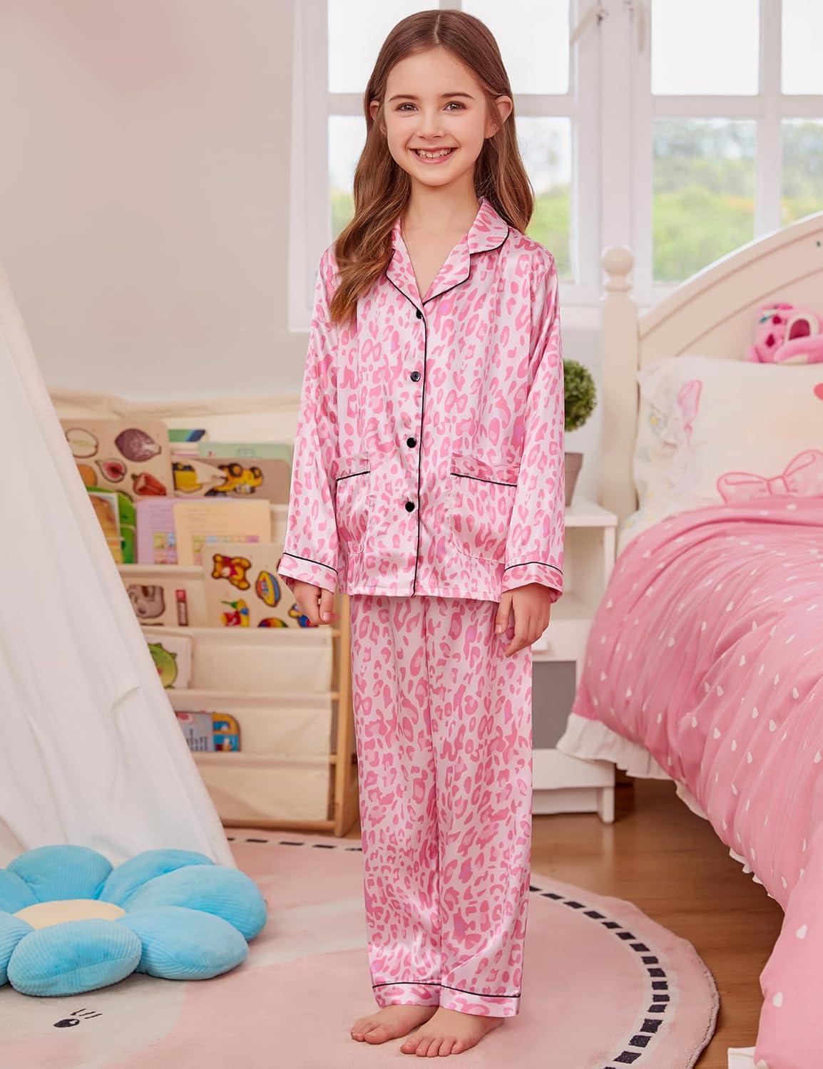 imageSWOMOG Girls Satin Pajamas Set Silk Button Down Pjs Set 2 Pieces Short Sleeve Kids Strawberry Sleepwear2pcslong Sleeve Leopard