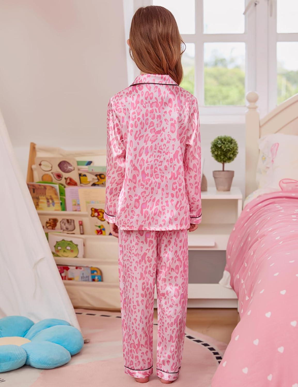 imageSWOMOG Girls Satin Pajamas Set Silk Button Down Pjs Set 2 Pieces Short Sleeve Kids Strawberry Sleepwear2pcslong Sleeve Leopard