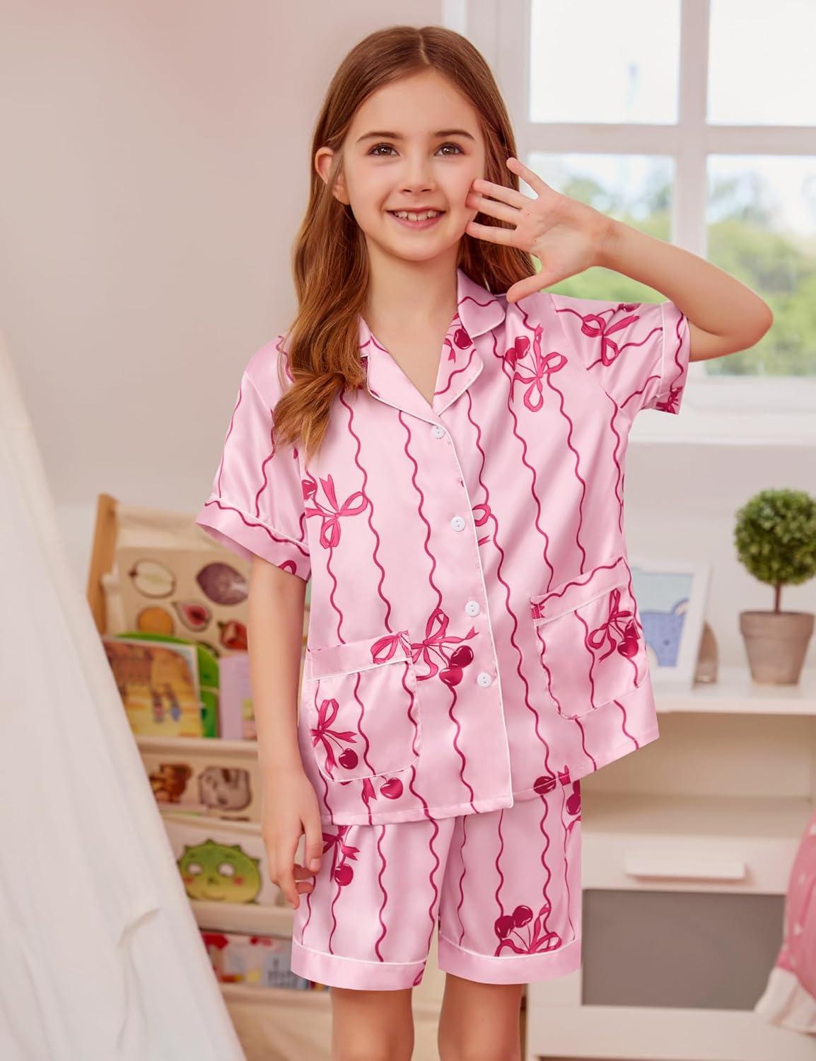 imageSWOMOG Girls Satin Pajamas Set Silk Button Down Pjs Set 2 Pieces Short Sleeve Kids Strawberry Sleepwear2pcsshort Sleeve Bow