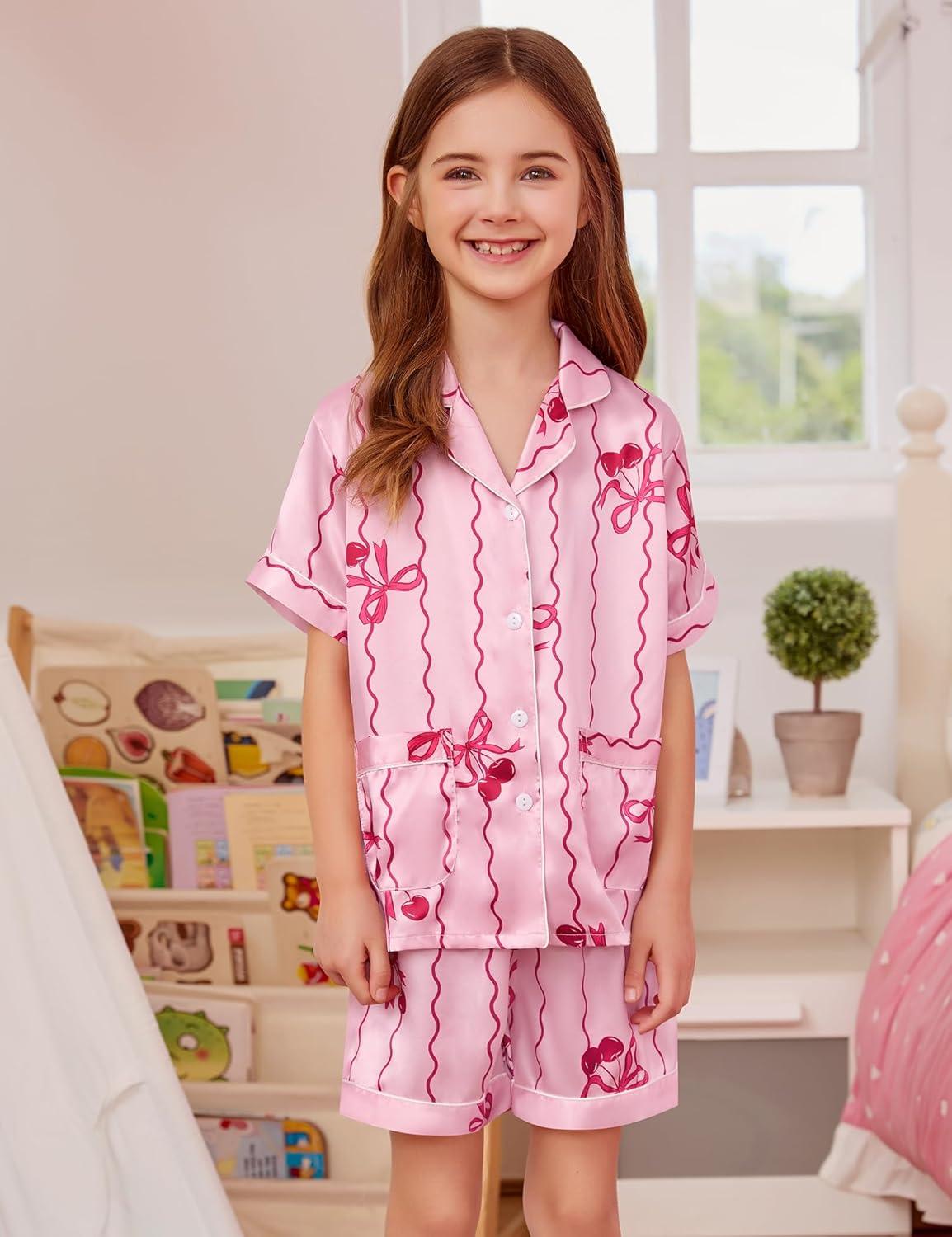 imageSWOMOG Girls Satin Pajamas Set Silk Button Down Pjs Set 2 Pieces Short Sleeve Kids Strawberry Sleepwear2pcsshort Sleeve Bow