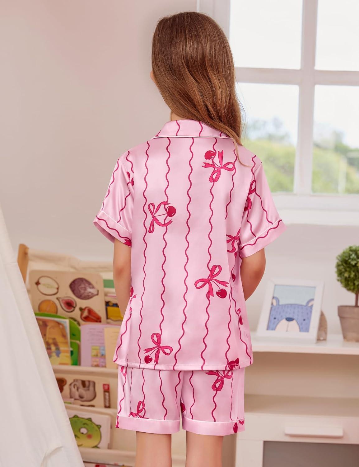 imageSWOMOG Girls Satin Pajamas Set Silk Button Down Pjs Set 2 Pieces Short Sleeve Kids Strawberry Sleepwear2pcsshort Sleeve Bow