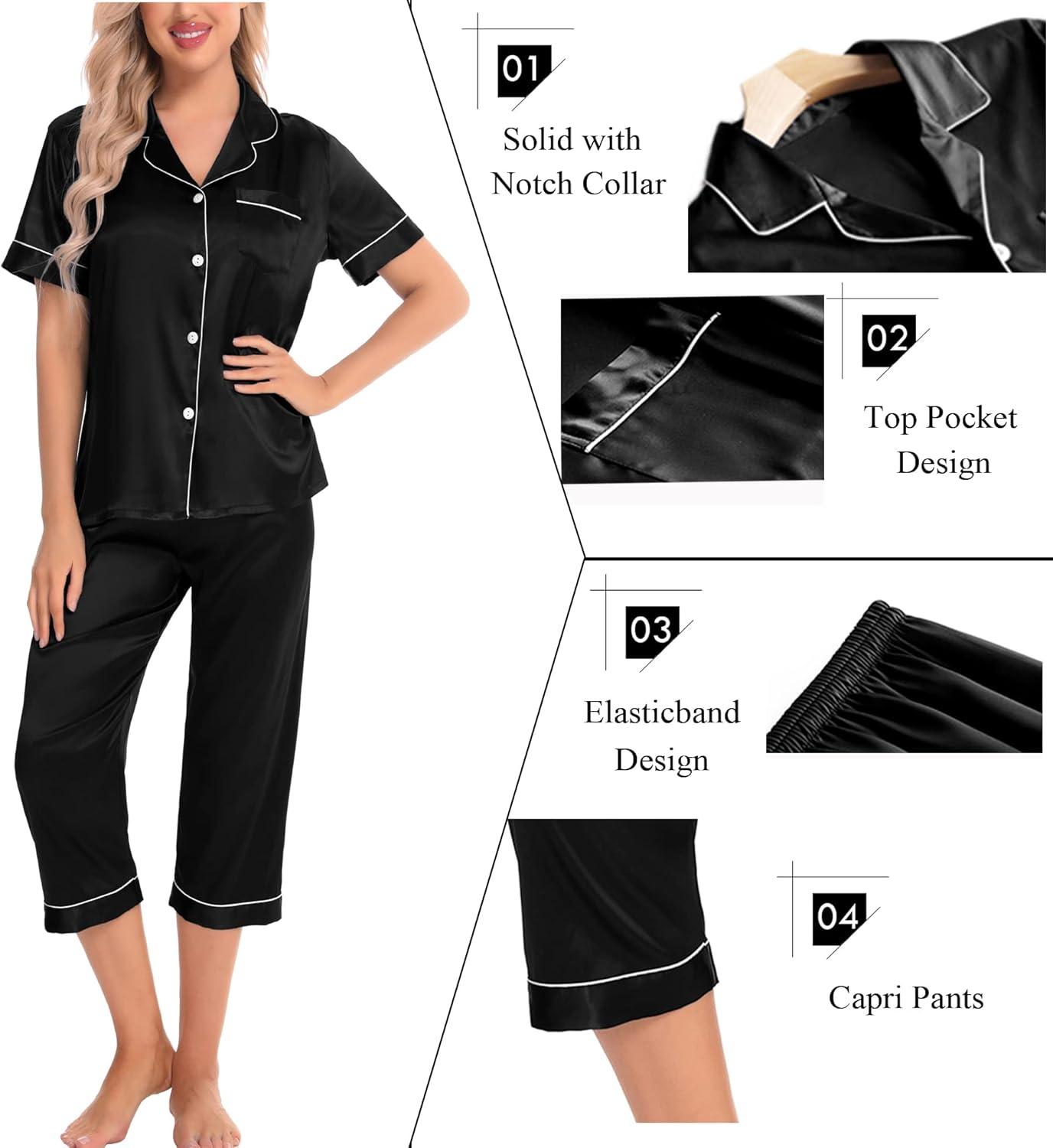 imageSWOMOG Satin Pajama Set Women Silk Pjs Set Short Sleeve 2 Piece Button Down Sleepwear Lounge SetsBlack