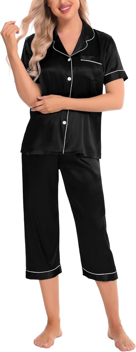 imageSWOMOG Satin Pajama Set Women Silk Pjs Set Short Sleeve 2 Piece Button Down Sleepwear Lounge SetsBlack