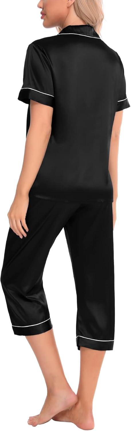 imageSWOMOG Satin Pajama Set Women Silk Pjs Set Short Sleeve 2 Piece Button Down Sleepwear Lounge SetsBlack
