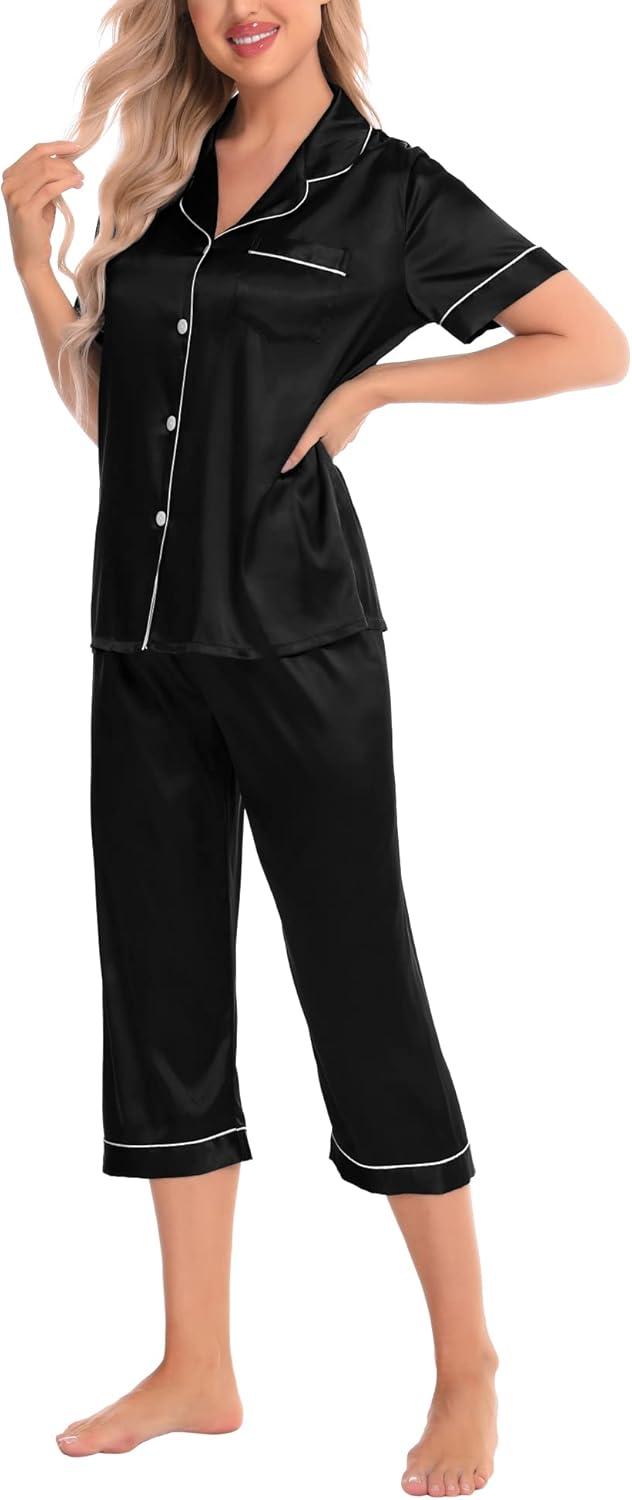 imageSWOMOG Satin Pajama Set Women Silk Pjs Set Short Sleeve 2 Piece Button Down Sleepwear Lounge SetsBlack