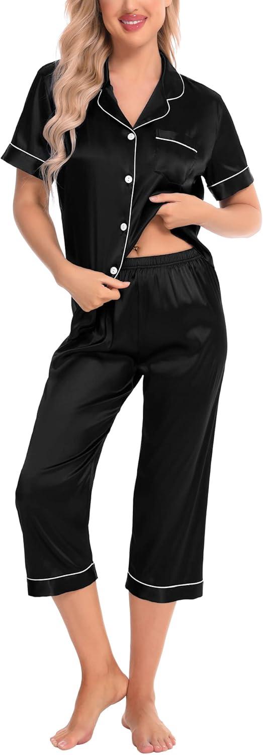 imageSWOMOG Satin Pajama Set Women Silk Pjs Set Short Sleeve 2 Piece Button Down Sleepwear Lounge SetsBlack
