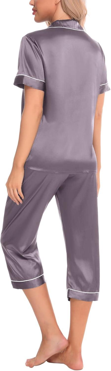 imageSWOMOG Satin Pajama Set Women Silk Pjs Set Short Sleeve 2 Piece Button Down Sleepwear Lounge SetsChestnut