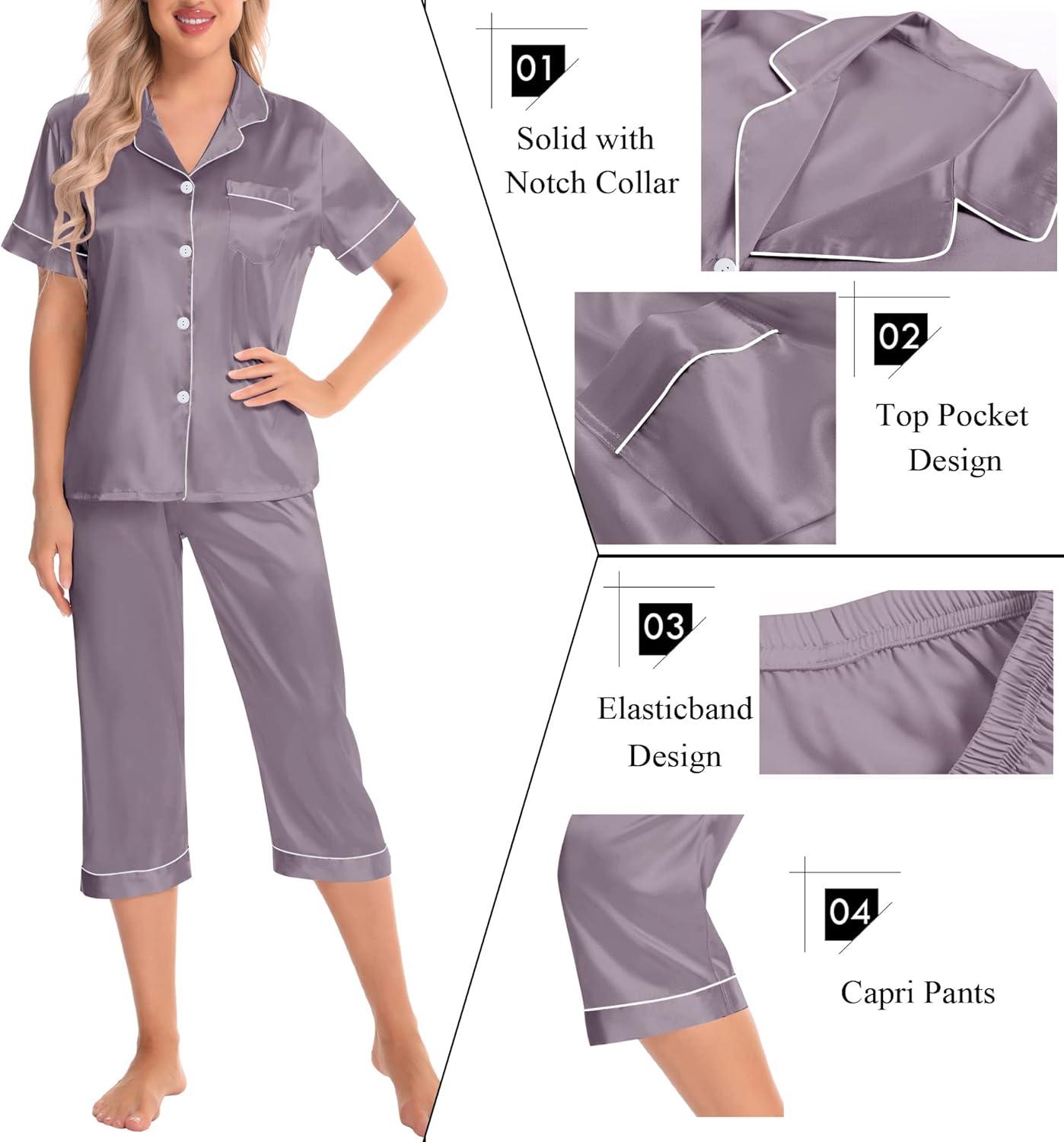 imageSWOMOG Satin Pajama Set Women Silk Pjs Set Short Sleeve 2 Piece Button Down Sleepwear Lounge SetsChestnut