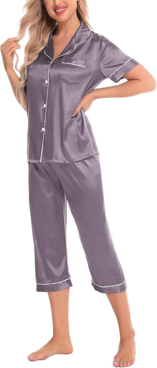 imageSWOMOG Satin Pajama Set Women Silk Pjs Set Short Sleeve 2 Piece Button Down Sleepwear Lounge SetsChestnut