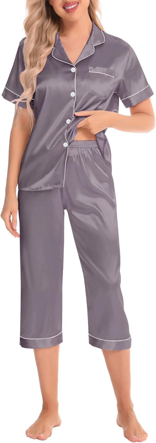 imageSWOMOG Satin Pajama Set Women Silk Pjs Set Short Sleeve 2 Piece Button Down Sleepwear Lounge SetsChestnut