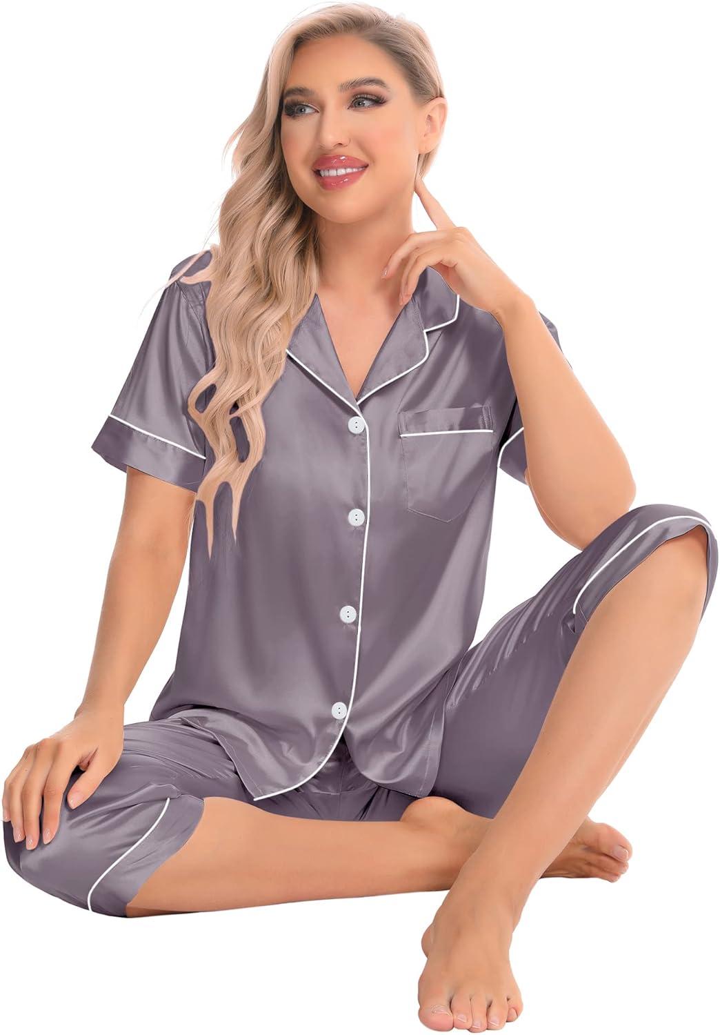 imageSWOMOG Satin Pajama Set Women Silk Pjs Set Short Sleeve 2 Piece Button Down Sleepwear Lounge SetsChestnut