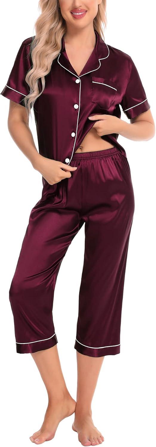 imageSWOMOG Satin Pajama Set Women Silk Pjs Set Short Sleeve 2 Piece Button Down Sleepwear Lounge SetsDeep Wine Red