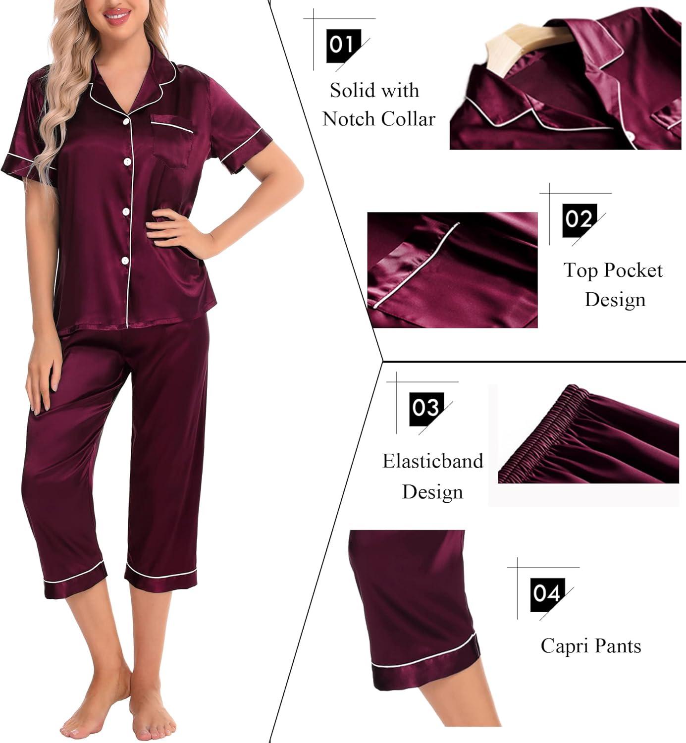 imageSWOMOG Satin Pajama Set Women Silk Pjs Set Short Sleeve 2 Piece Button Down Sleepwear Lounge SetsDeep Wine Red