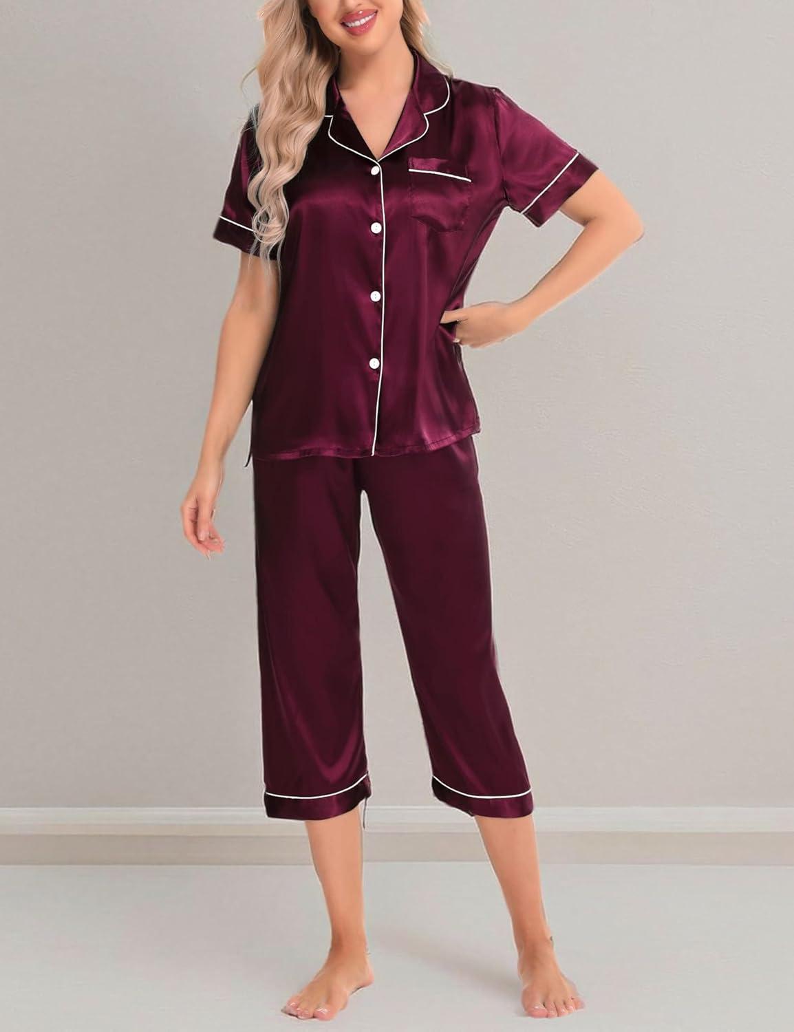 imageSWOMOG Satin Pajama Set Women Silk Pjs Set Short Sleeve 2 Piece Button Down Sleepwear Lounge SetsDeep Wine Red