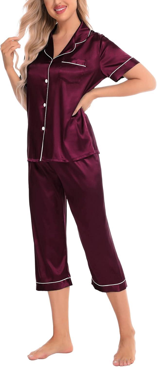 imageSWOMOG Satin Pajama Set Women Silk Pjs Set Short Sleeve 2 Piece Button Down Sleepwear Lounge SetsDeep Wine Red