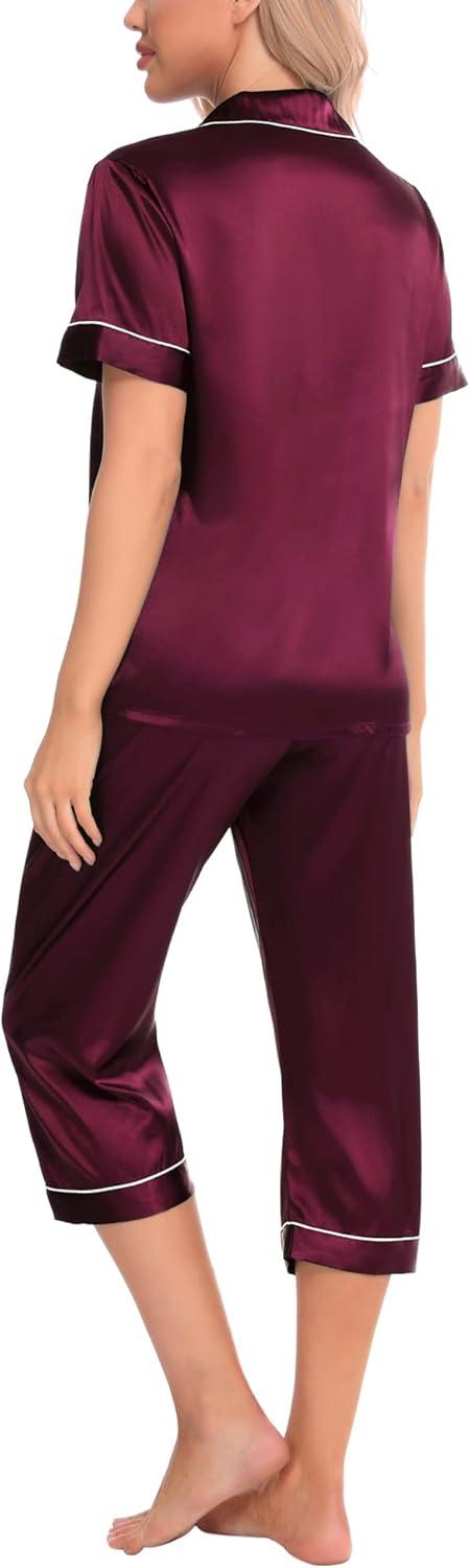 imageSWOMOG Satin Pajama Set Women Silk Pjs Set Short Sleeve 2 Piece Button Down Sleepwear Lounge SetsDeep Wine Red