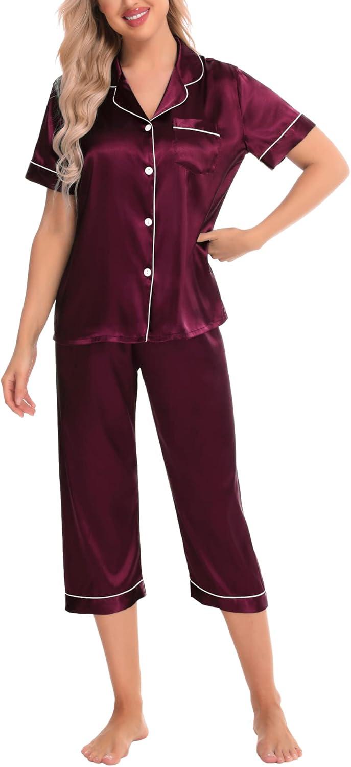 imageSWOMOG Satin Pajama Set Women Silk Pjs Set Short Sleeve 2 Piece Button Down Sleepwear Lounge SetsDeep Wine Red